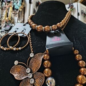 Elegant Brown Copper and Silver Butterfly Necklace Set